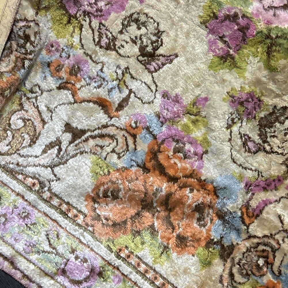 Vtg 1940's Italian Cherubs & Roses Bed Spread Cover 66”x73” Gold Pink Tapestry - Picture 8 of 13